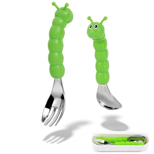 Toddler Utensils, Stainless Steel Baby Forks and Spoons Set Caterpillar Silicone Handle, Kids Silverware with Portable Storage Case, Baby Feeding Essentials, Dishwasher Safe (Green) - color: Green