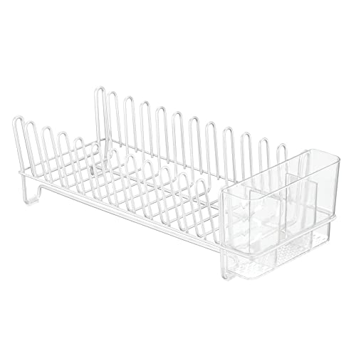 mDesign Kitchen Sink Dish Drainer – Small Metal and Plastic Dish Rack for Kitchen Sink – Dish Drying Rack with Drip Tray for Plates and Cutlery Basket – White/Clear - color: White/Clear