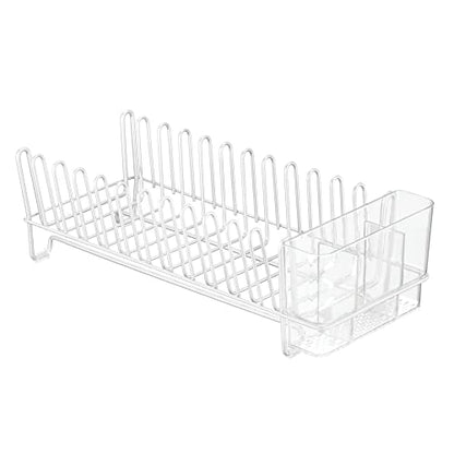 mDesign Kitchen Sink Dish Drainer – Small Metal and Plastic Dish Rack for Kitchen Sink – Dish Drying Rack with Drip Tray for Plates and Cutlery Basket – White/Clear - color: White/Clear