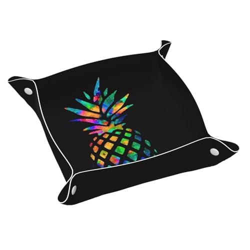 Watercolor Pineapple Leather Vanity Tray Desktop Storage Organizer Decorative Catchall Perfume Bathroom Valet Tray Nightstand Caddy Holder for Remote Controller Keys Phone Wallet Coin Jewelry, S - color: Watercolor Pineapple, size: 7.9" x 7.9" x 0.2"