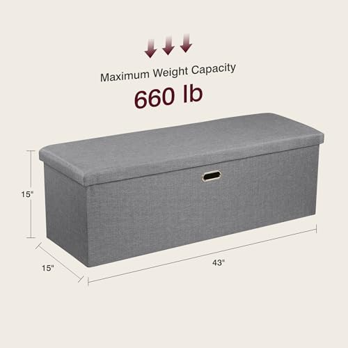 VECELO 43'' Folding Storage Ottoman Bench, End of Bed Linen Fabric Foot Rest Stool with Padded Seat, Large Footstools for Bedroom, Living Room, Load 660 lb, Grey