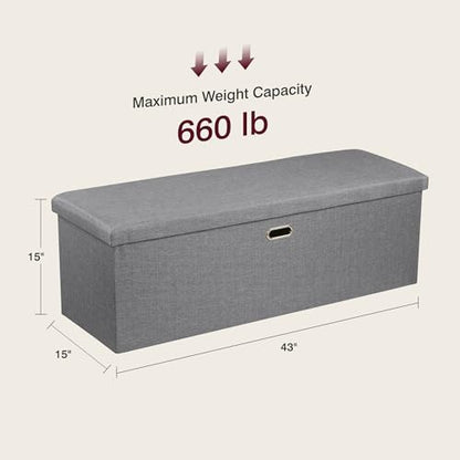 VECELO 43'' Folding Storage Ottoman Bench, End of Bed Linen Fabric Foot Rest Stool with Padded Seat, Large Footstools for Bedroom, Living Room, Load 660 lb, Grey