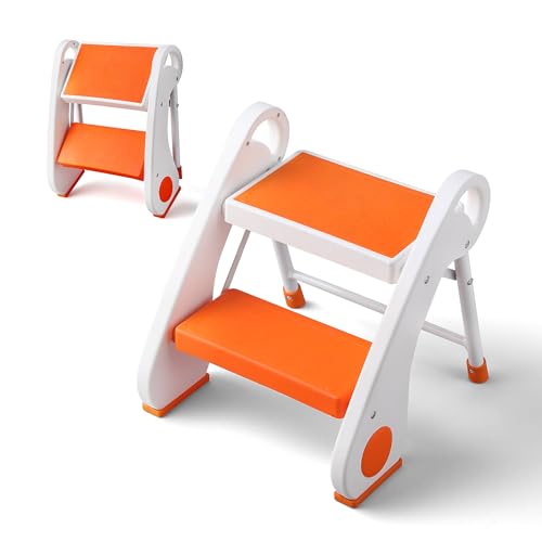 Toddler Step Stool - Foldable 2-Step Stool with Non-Slip Rubber Feet & Platform, Safety Lock, 300lbs Capacity, Lightweight for Potty Training, Bathroom Sink, Kitchen, Orange