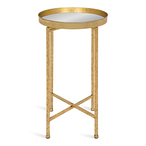 Kate and Laurel Celia Round Metal Foldable Accent Table with Mirror Tray Top, Gold - color: Gold/Mirror