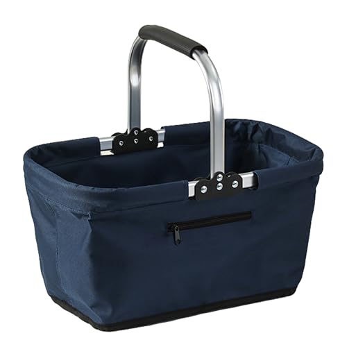 Collapsible Picnic Basket Foldable 26L Oxford Fabric Shopping Basket 17" x 10" x 9" Size with Aluminum Frame Portable (Blue) - color: Blue
