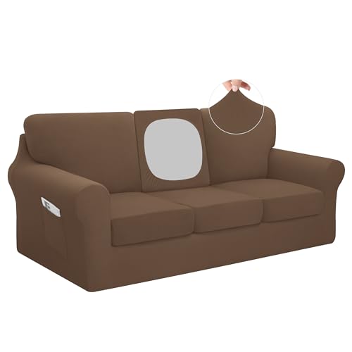 Easy-Going 7 Pieces Stretch Couch Cover Washable Sofa Cover Set for 3 Backrest and Seat Cushion Couch Anti-Slip Sofa Slipcover Furniture Protector with Elastic Bottom (X-Large, Brown) - color: Brown, size: X-Large