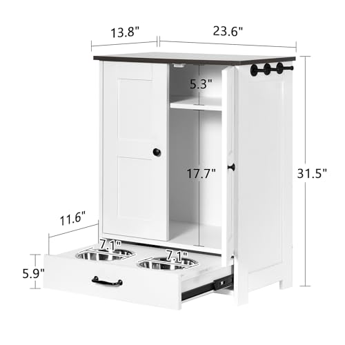 Pet Feeding Station, Dog Feeding Station, Dog Food Storage Cabinet, Pet Food Toy Organiser with 2 Elevated Bowls and Hook for Feeding and Drinking, White - size: Wood White
