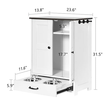 Pet Feeding Station, Dog Feeding Station, Dog Food Storage Cabinet, Pet Food Toy Organiser with 2 Elevated Bowls and Hook for Feeding and Drinking, White - size: Wood White