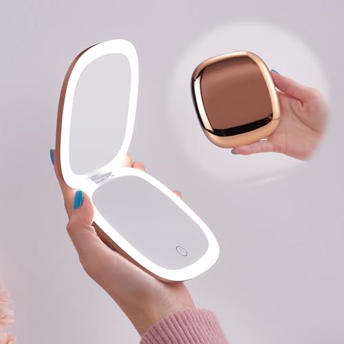 Mocado Compact LED Travel Makeup Mirror - 4 Inches 1X/10X Magnification Travel Mirror with Light Dimmable Double Sides Lighted USB Rechargeable Compact Mirror for Purse,Pocket,Travel(Rose Gold) - color: Electroplated-rose Gold