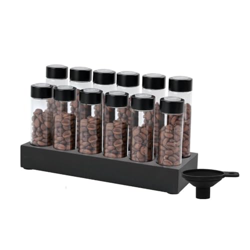 watchget Coffee Bean Container 12PCS Coffee Bean Cellars Tubes Single Dose Coffee Beans Storage with One-Way Exhaust Valve & Black Stand & Silicone Funnel- Organized Storage Solution - color: Black ABS Lid 12PCS