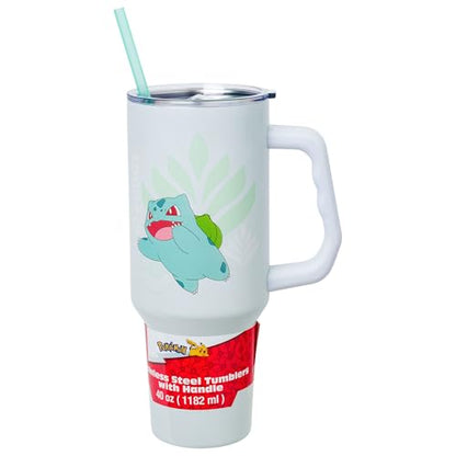 Silver Buffalo Pokémon Featuring Bulbasaur Double Walled Stainless Steel Tumbler with Handle and Straw, Fits in Standard Cup Holder, 40 Ounces - color: Bulbasaur Pokemon