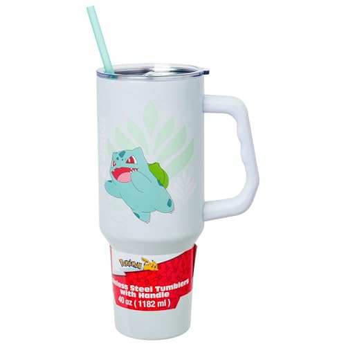 Silver Buffalo Pokémon Featuring Bulbasaur Double Walled Stainless Steel Tumbler with Handle and Straw, Fits in Standard Cup Holder, 40 Ounces - color: Bulbasaur Pokemon