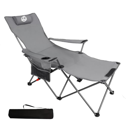 Northroad Foldable Camping Chair w/Foot Rest, Outdoor 6 Legged Beach Chair w/Footrest, Adjustable 90°- 135° Reclining Lounge Chair w/Detachable Pillow, Cup Holder & Carry Bag