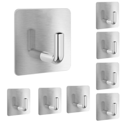 Adhesive Towel Hooks, 8 Pack Self Adhesive Coat Sticky Hooks for Hanging, Stainless Steel Stick on Wall Hat Hook, Bathrooms Kitchen Livingroom Garage, Silver - style: S-Silver-90°