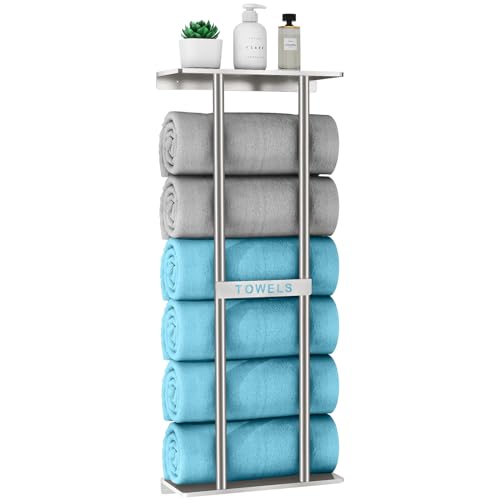 STWWO Bathroom Towel Storage for Bathroom, Wall Towel Rack for Rolled Towels, 30 inch Towel Holder Wall Mounted with Metal Shelf Can Holds 6 Large Towels, Brushed Nickel - color: Brushed Nickel, size: 30 IN
