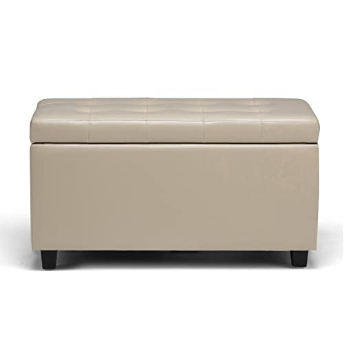 SIMPLIHOME Cosmopolitan Storage Ottoman - 34 inch Wide Upholstered Vegan Leather Rectangle Storage Ottoman Bench in Satin Cream, Transitional Tufted Ottoman for Living Room with Lift-Up Lid - color: Satin Cream