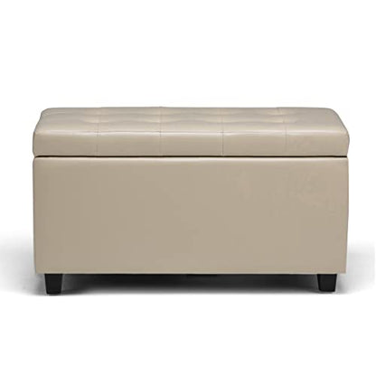 SIMPLIHOME Cosmopolitan Storage Ottoman - 34 inch Wide Upholstered Vegan Leather Rectangle Storage Ottoman Bench in Satin Cream, Transitional Tufted Ottoman for Living Room with Lift-Up Lid - color: Satin Cream