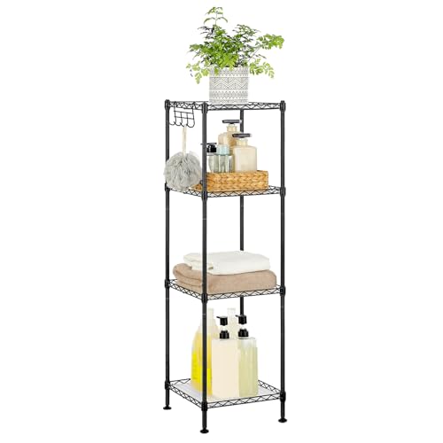 SONGMICS 4-Tier Bathroom Shelf, Storage Rack for Small Space, with 4 PP Shelf Liners, Removable Hook, Extendable Design, Ink Black and Translucent ULGR104B01 - color: Ink Black + Translucent, size: 4 Tiers (11.8"D x 11.8"W), style: With PP Shelf Liners