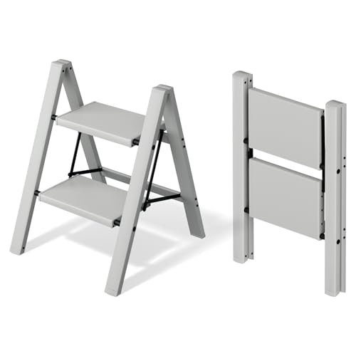 Mayi Plus 2 Step Ladder,Aluminum Folding Step Stool for Adults,Step Ladder with Wide Anti-Slip Pedal,330 lbs Capacity for Home,Office,Kitchen,Library(Grey) - color: Gray, size: 2 Step