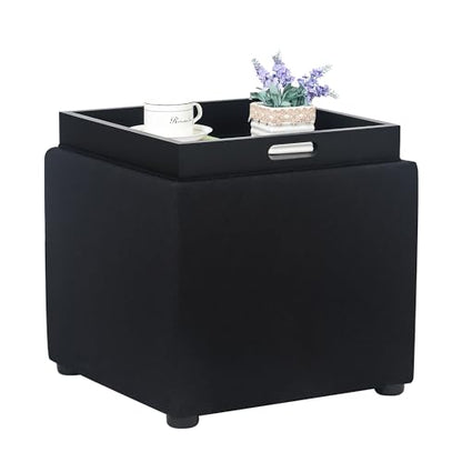 Adeco Square Storage Ottoman with Reversible Tray Top, 17-inch Linen Cube Footrest & Coffee Table for Living Room, Bedroom & Small Spaces, Black - color: Black With Tray