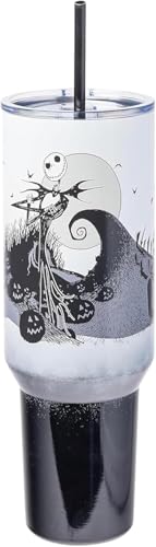 Silver Buffalo Disney Nightmare Before Christmas by Tim Burton Jack Skellington Hill and Moon Double Walled Stainless Steel Tumbler with Handle and Straw, Fits in Standard Cup Holder, 40 Ounces - color: Nightmare Before Christmas Hill and Moon Scene