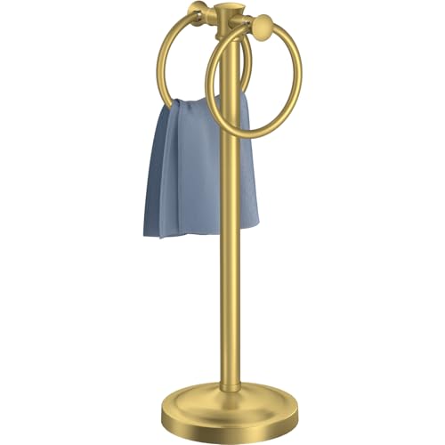 Hoimpro 17" Brushed Gold Free Standing Towel Rack Bracket, Double Towel Ring Hand Towel Stand Holder, Bathroom Hardware Accessories Set Towel Bar for Bathroom Vanities and Kitchen Countertops - color: Brushed Gold