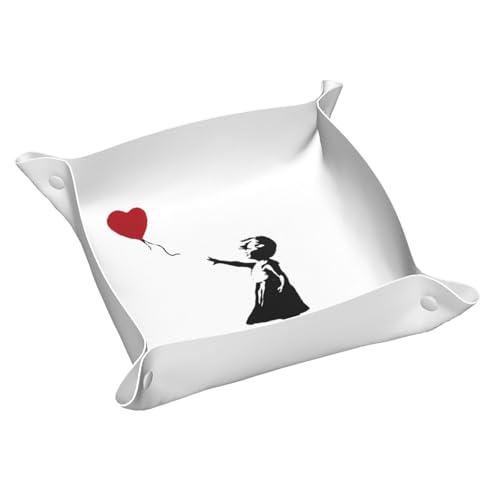 Banksy Heart Leather Vanity Tray Desktop Storage Organizer, Decorative Catchall Perfume Tray, Bathroom Valet Tray,Nightstand Caddy Holder for Keys Phone Wallet Coin Jewelry, S - color: Banksy Heart, size: 7.9" x 7.9" x 0.2"