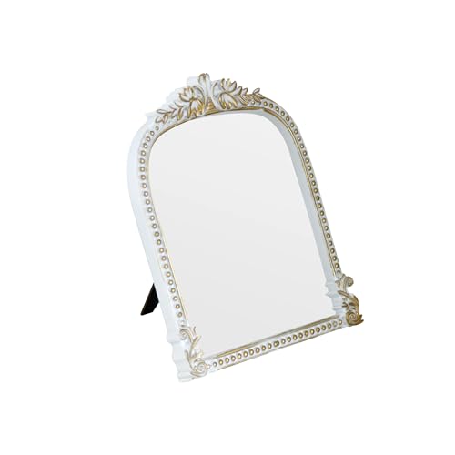 Antique White Plastic Arched Makeup Mirror, Standing, Hanging or Wall Mount, Bathroom, Living Room, Bedroom White and Gold Decorative Mirror (10.6 x 8.6 inch) - color: White