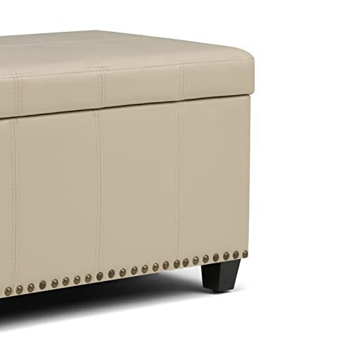 SIMPLIHOME Amelia Storage Ottoman - 33 inch Wide Vegan Leather Rectangle Storage Ottoman Bench in Satin Cream, Transitional Ottoman for Living Room with Nailhead Trim and Lift-Up Lid - color: Satin Cream