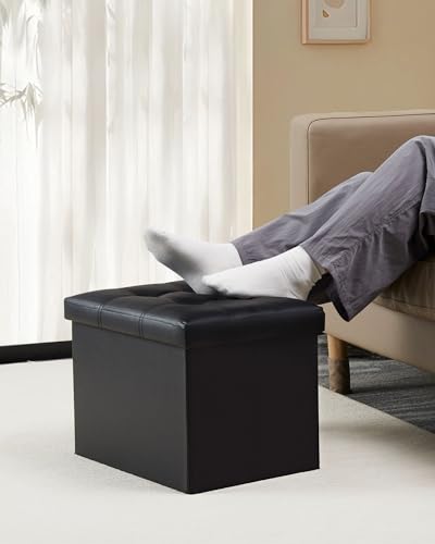 Bsketa 2PC Storage Ottoman, Folding Foot Stool with Thicker Foam Padded Seat Small Leather Storage Ottoman Bench Foot Rest for Living Room Foldable Coffee Table 17x13x13in,Black - color: Black-2pc