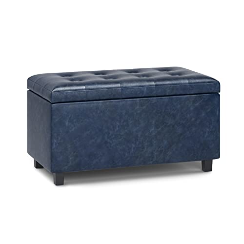 SIMPLIHOME Cosmopolitan Storage Ottoman - 34 inch Wide Upholstered Vegan Leather Rectangle Storage Ottoman Bench in Denim Blue, Transitional Tufted Ottoman for Living Room or Entryway with Lift-Up Lid - color: Denim Blue