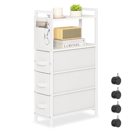 Oppro 3 Drawer Small Narrow Side End Table for Small Spaces, Slim Nightstand Bedside Sofa Table with Wheels, Space Saving Skinny Thin Couch Desk with Storage Bag for Living Room Bathroom,White - color: White, size: 3 Drawers