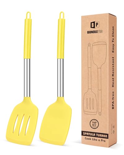 Pack of 2 Silicone Solid Turner, Non Stick Slotted Kitchen Spatulas, High Heat Resistant BPA Free Cooking Utensils, Ideal Cookware for Fish, Eggs, Pancakes(Yellow) - color: Yellow