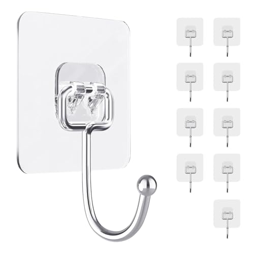 10 PCS Adhesive Wall Hooks 33lb(Max) Reusable Anti-Skid Traceless Hooks Heavy Duty 180 Degree Rotating,Waterproof and Oilproof, Bathroom Kitchen Heavy Duty Self Adhesive - color: Transparent 10PCS