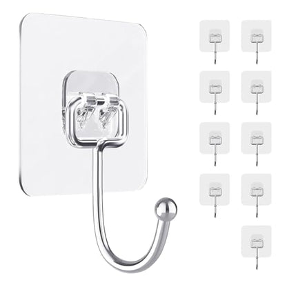 10 PCS Adhesive Wall Hooks 33lb(Max) Reusable Anti-Skid Traceless Hooks Heavy Duty 180 Degree Rotating,Waterproof and Oilproof, Bathroom Kitchen Heavy Duty Self Adhesive - color: Transparent 10PCS