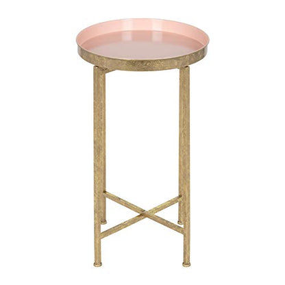 Kate and Laurel Celia Round Metal Foldable Tray Accent Table, Pink with Gold Base - color: Gold/Pink
