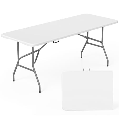 FDW 6 FT Folding Table, Portable Plastic Table with Carrying Handle Perfect for Indoor, Outdoor, Party, Dining, Wedding, Events, Camping, White - color: White, size: 6 FT 70"x28"