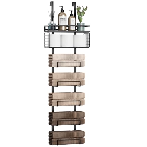 Aetyord Towel Racks for Bathroom Over The Door Towel Racks Towel Storage Organizer with Metal Shelf Basket for Bathroom Rv Camper (7-Tier Black) - color: Black, size: 7tier