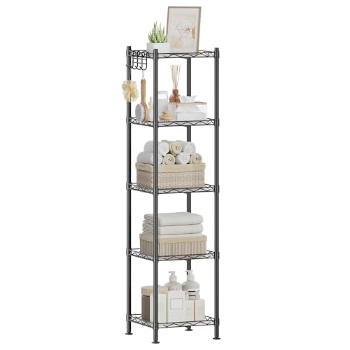 SONGMICS 5-Tier Bathroom Shelf, Storage Rack for Small Space, with 5 PP Shelf Liners, Removable Hook, Extendable Design, Ink Black and Translucent ULGR23BK - color: Ink Black + Translucent, size: 5 Tiers (11.8"D x 11.8"W), style: With PP Shelf Liners