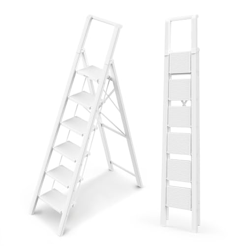 WOA WOA 6 Step Ladder, Lightweight Folding ladders with Wide Pedals, Slim Stepladder for Narrow Spaces, Tall Ladder for High Ceilings with Handrails, Kitchen Aluminum Ladder 300lbs - White - color: White, size: 6 step
