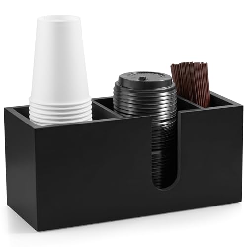 ALELION Large Black Coffee Cup Organizer for Disposable Cups, Lids and Stir Sticks - 3-Compartment Countertop Cup Holder Storage Rack for Coffee Station, Kitchen, Office - color: Black, size: Large