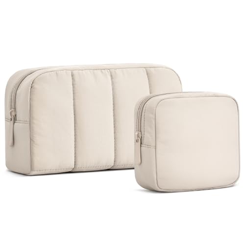 oscaurt 2 Pcs Makeup Bag Travel Toiletry Bag for Women Puffy Padded Cosmetic Pouch Purse Wide-open Makeup Organizer Case Travel Essentials - color: Khaki-Set