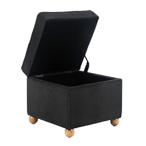 Ottoman with Storage, 17Inch High Corduroy Foot Stools Ottoman for Living Room, Upholstered Square Storage Ottomans Foot Rest, Bedroom Footstools and Ottomans with Hinged Lid, Black - color: Black Corduroy