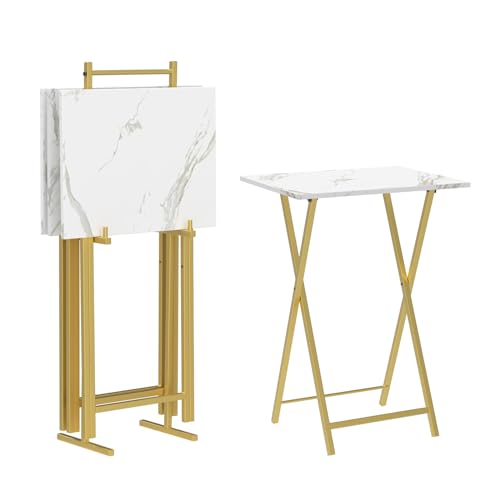 HOOBRO Folding TV Tray Tables, Set of 4 TV Trays with Storage Rack, Industrial Side Table for Eating at Couch, Foldable Snack Table for Small Space, Easy Assembly, Marble and Gold DM50BZ01 - color: Marble + Gold