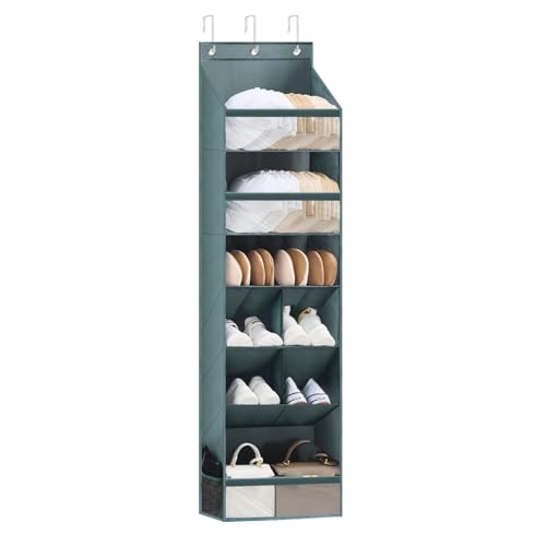 Over the Door Organizer with 6 Tiers & 11 Pockets – Multi-Purpose Hanging Door Organizer with Clear Pockets, Heavy Duty Space-Saving Closet Storage, Fits Shoes Hats Bags, Tool-Free Installation, Grey