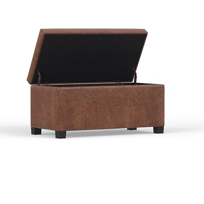 SIMPLIHOME Dover Storage Ottoman Bench - 36 inch Wide Upholstered Vegan Leather Rectangular Lift-Top Ottoman in Distressed Umber Brown, Contemporary Bench for Living Room with Safety Hinges - color: Distressed Umber Brown