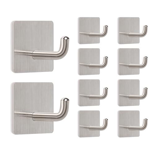 Livabber Adhesive Towel Hooks, 304 Stainless Steel Self Sticky Wall Hooks Waterproof Shower Hooks for Robe/Clothes, No Drilling Towel Hangers for Bathroom Kitchen Bedroom (Brushed Nickel, 10 Packs) - color: Brushed Nickel, size: 10 Packs