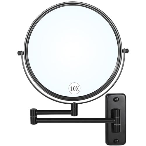 Large Size 9-in Wall Mounted Magnifying Makeup Mirror 1X/10X Magnification,Extendable Bathroom Mirrors Wall Mount Vanity Mirror for Shaving,12-in Folding Arm,Flexible Adjustable,Space-Saving,No Light - color: Black-wall Mounted-10x