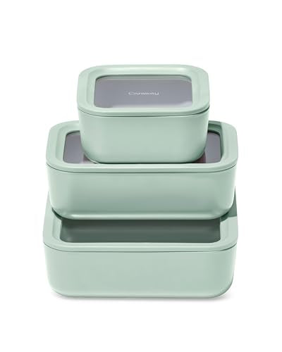Caraway 3pc Glass Food Storage Set – 10 Cup, 6.6 Cup, & 4.4 Cup Food Containers - Ceramic Coated - Non Toxic Non Stick Lunch Box with Glass Lids - Dishwasher, Oven, & Microwave Safe - Mist - color: Mist, size: Food Storage Set (3x)
