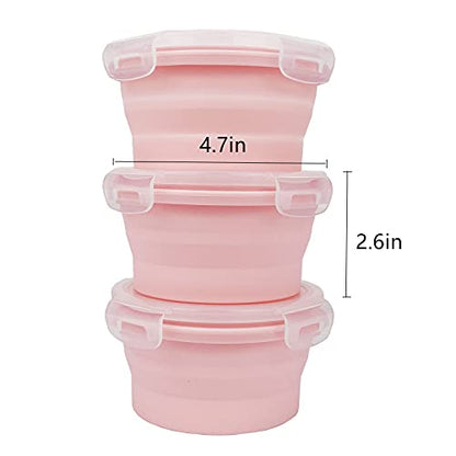 CCyanzi 3piece Round Collapsible Bowl with Lids, Silicone Food Storage Containers, Microwave & Freezer Safe, Space Saving for Kitchen Cabinet and Camping Backpack,(Pink) - color: pink